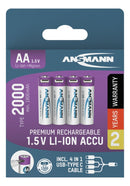 ANSMANN AA Li-ion Type 2000 USB-C – 4-pakning med ladekabel – emballasje på hvit bakgrunn